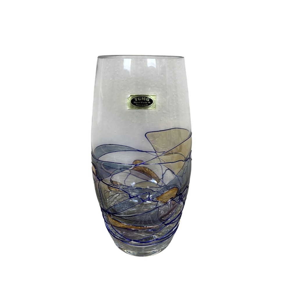 TGMG Romania Hand Made Art Glass Vase Blue & Gold Modern‎ Home Decor